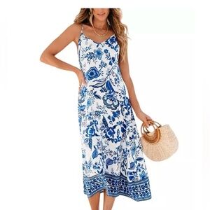 Cupshe Blue and White Floral Midi Beach Dress Size Medium